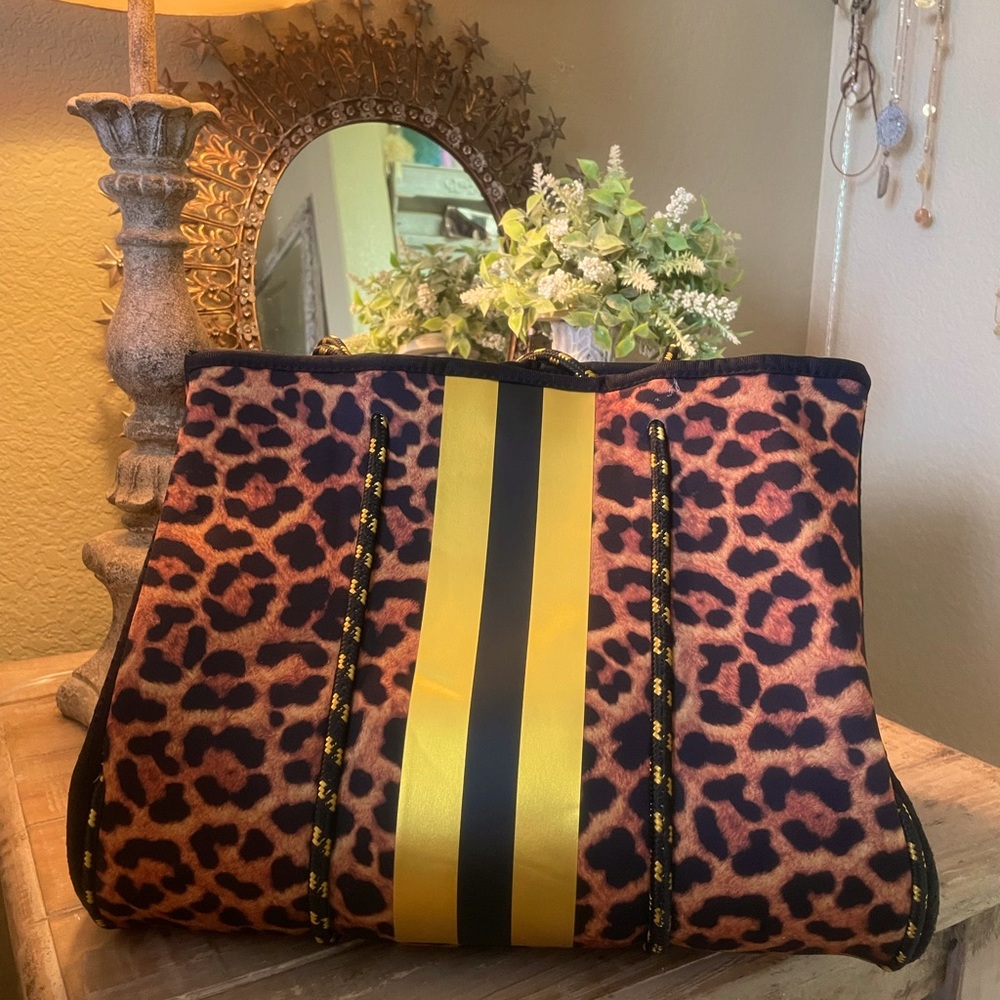 Black-Leopard- Gold Stripe Neoprene bag NWOT